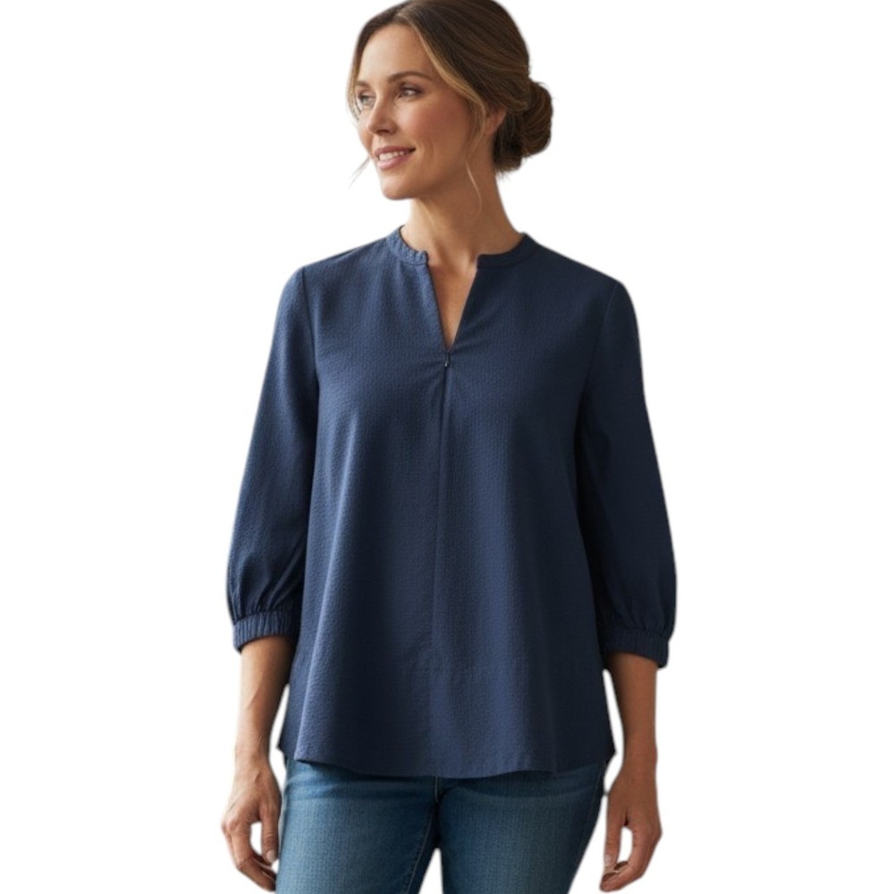 Pomander Place Navy Blue Cotton Seersucker Puff Sleeve Blouse Small